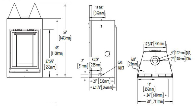 dimension diagram of Napoleon GD82NT-PA park avenue gas fireplace