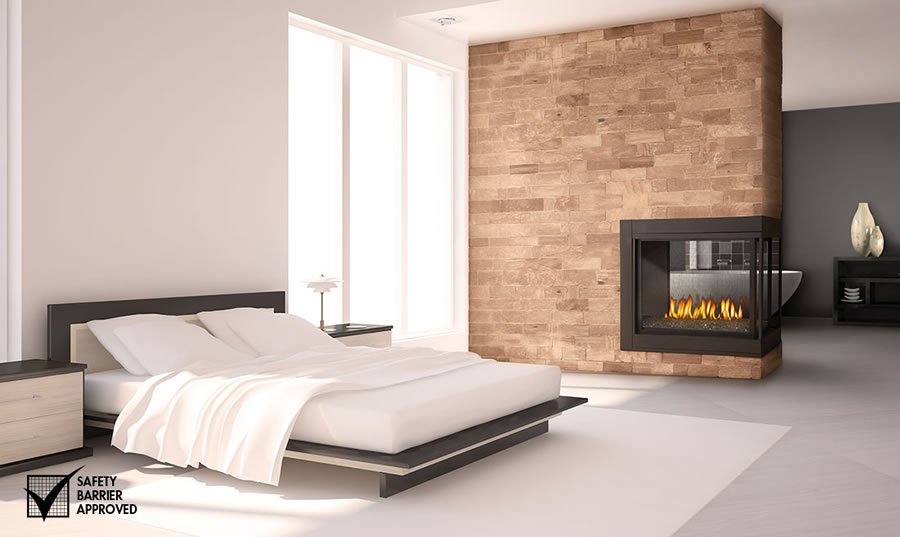 Napoleon Ascent Multi-View Peninsula model direct vent gas fireplace shown in bedroom