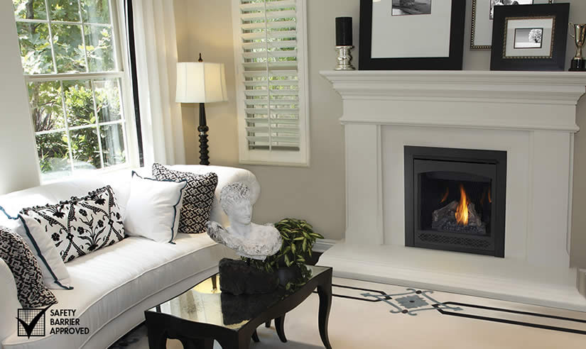 Napoleon Ascent B30 gas fireplace with Heritage front in white fireplace with mantel in black and white living room