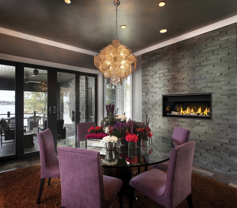Napoleon Ascent Linear BL46 gas fireplace shown in upscale dining room