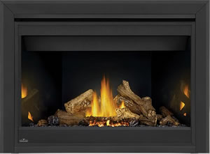 Napoleon Ascent 46 shown with MIRRO-FLAME™ Porcelain Reflective Radiant Panels, 3-inchd Beveled Trim, PHAZER® Logs