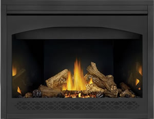 Napoleon Ascent 46 shown with MIRRO-FLAME™ Porcelain Reflective Radiant Panels, Heritage Front, PHAZER® Logs
