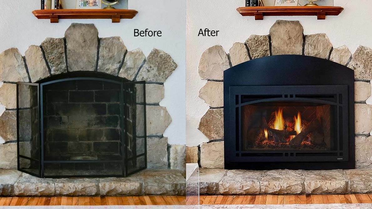 Before and after images with Majestic Ruby gas fireplace insert