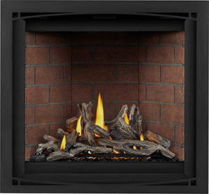 Image Napoleon Altitude X 36 direct vent gas fireplace shown with Driftwood log set, Old Town Red brick panels, Black Zen front AX36NTE