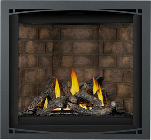 Image of Napoleon Altitude X gas fireplace shown with Oak log set, Newport brick panels, Charcoal Zen front AX36NTE