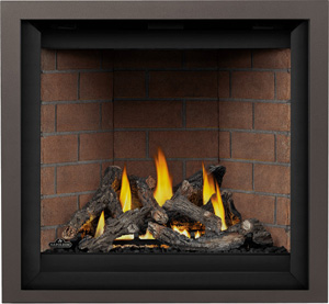 Image of Napoelon Altitude X AX36NTE direct vent gas fireplace shown with Oak log set, Old Town Red brick panels, Copper Finish Trimshown with Oak log set, Old Town Red brick panels, Copper Finish Trim