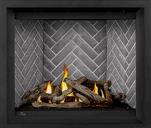 Image of Napoleon Altitude X shown with Driftwood log set, Westminster Grey Herringbone brick panels, and Black Finish Trim