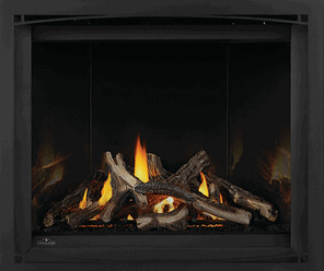 Image of Napoleon Altitude X shown with Split Oak log set, Mirro-Flame Porcelain Radiant Reflective panels, and Black Zen Front