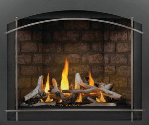 Image of Napoleon Altitude X shown with Birch log set, Newport brick panels, Whitney front with Antique Pewter Arched Iron Elements