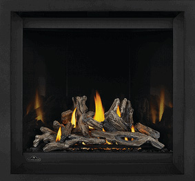 Image of Napoleon Altitude X 36 gas fireplace shown with Driftwood log set, Mirro-Flame Porcelain Radiant Reflective panels, Black Finish Trim