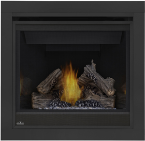 Napoleon B36 Ascent 36 shown with MIRRO-FLAME™ Porcelain Reflective Radiant Panels, 3-inch Trim Kit, PHAZER® Logs