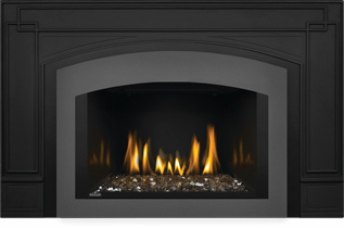 Photo 3: Oakville Glass 3 shown with Small Arched Faceplate Gun Metal, Cast Iron Surround