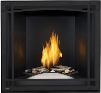 Napoleon STARfire HDX52 shown with Driftwood and Rocks in Fire Cradle with Porcelain Reflective Panels