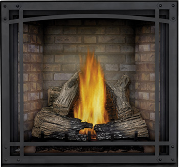 Napoleon STARFIRE HDX52 shown with Tall Flame PHAZER Log Set, Newport Brick Panels and Decorative Safety Barrier