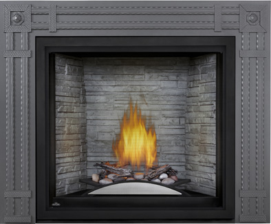 Napoleon STARfire HDX52 shown with Driftwood and Rocks in Fire Cradle, Antique White Legderock Panels and Rectangular Wrought Iron Decorative Surround