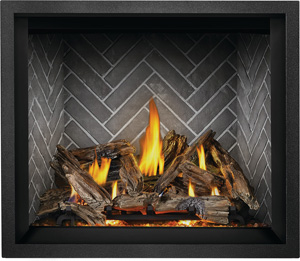 Napoleon Elevation X gas fireplace EX42 shown with Driftwood Logs, Westminster Grey Herringbone Brick Panels, Black Finish Trim