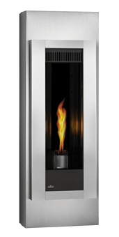 Napoleon Torch GT8 gas fireplace with brushed stainless steel surround and mounting cabinet