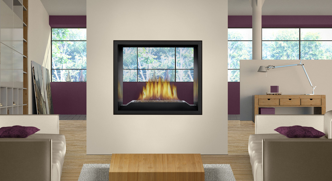 Napoleon High Definition HD81 direct vent gas fireplace with glass embers burner in home office