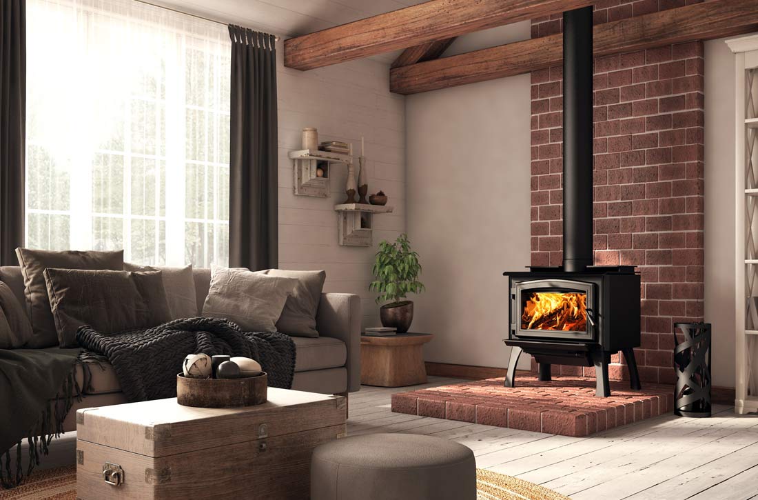 Osburn 1700 wood stove with black door and black structural legs in living room