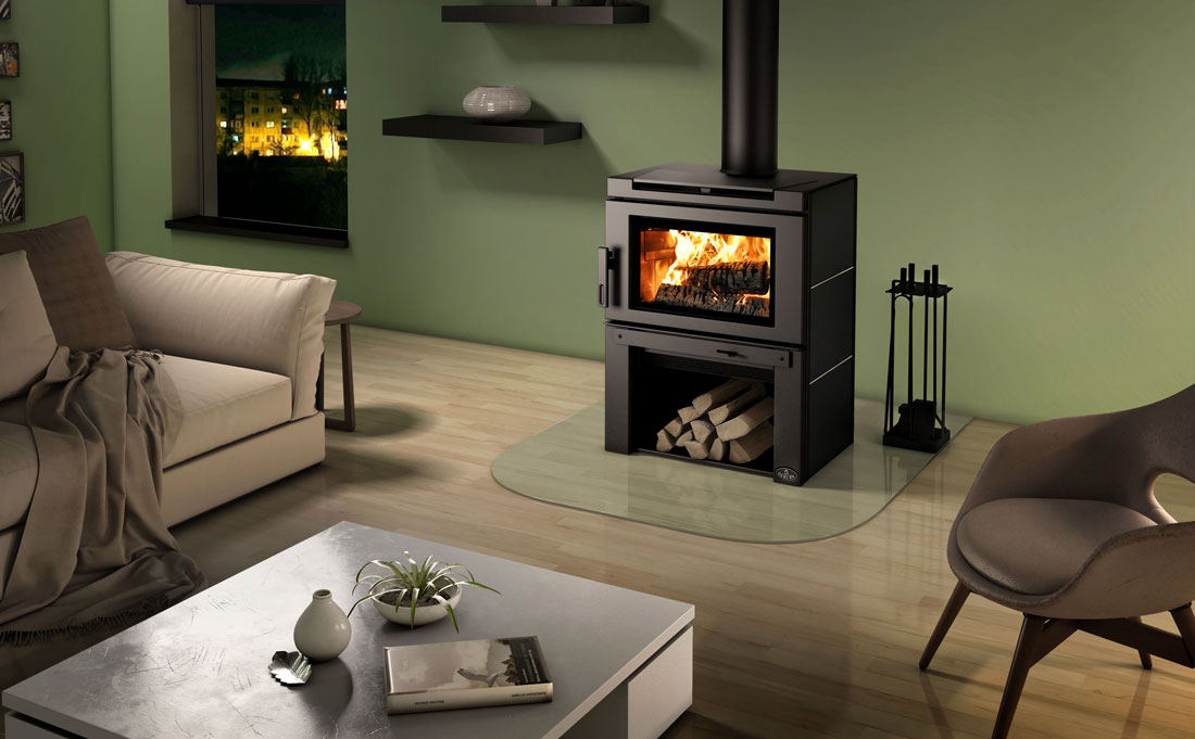 Osburn Matrix wood stove installed in living room