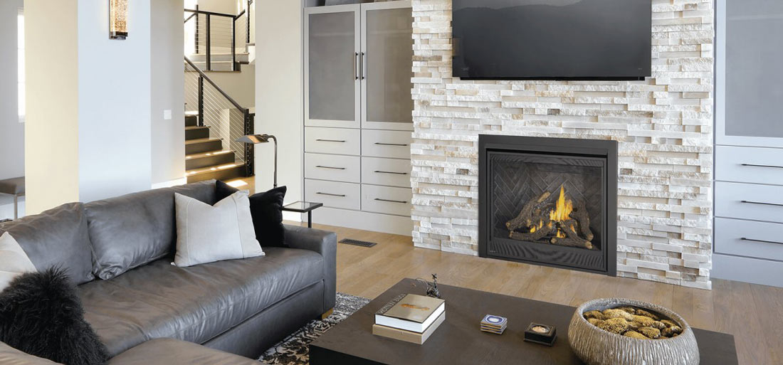 Napoleon Ascent DX42 gas fireplace with television mounted above with no mantel in living room setting