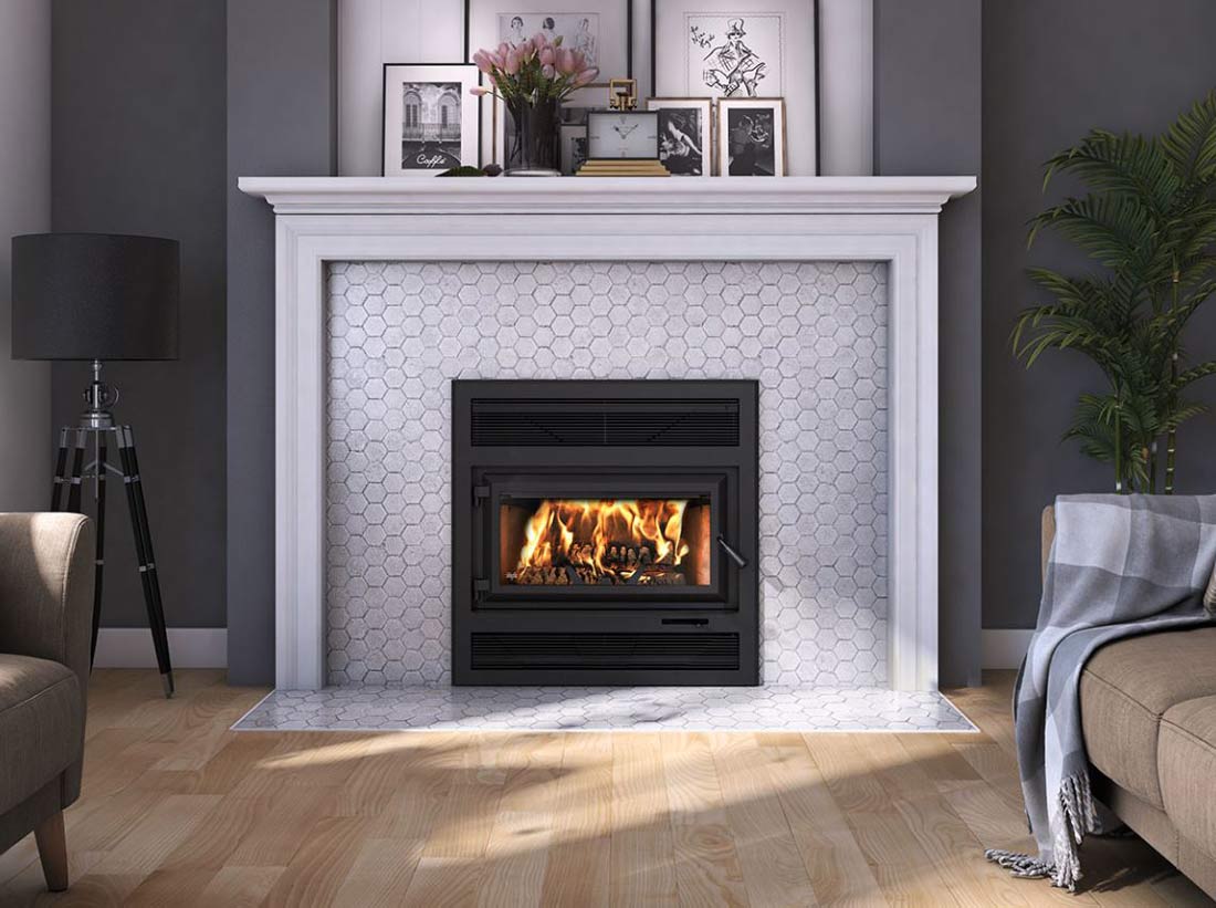 Ventis HE250R wood burning fireplace insert in fireplace with white hexagonal tile surround and white mantel