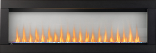 Image of Napoleon CLEARion Elite 60" electric fireplace shown with black surround, crystal media, blue light, orange flame, opaque mode