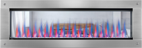 Image of Napoleon CLEARion Elite 60" electric fireplace shown with stainless steel surround with magnets, crystal media, multi-color flame, see through mode