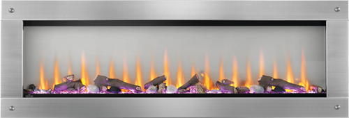 Image of Napoleon CLEARion Elite 60" electric fireplace shown with stainless-steel surround with magnets, log media set with topaz glass embers, magenta light, orange flame, opaque mode