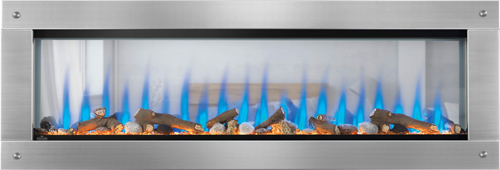 Image of Napoleon CLEARion Elite 60" electric fireplace shown with stainless-steel surround with magnets, log media set with topaz glass embers, orange light, blue flame, semi-transparent mode