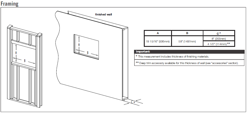 Framing diagrams for Napoleon CLEARion 60 electric fireplace