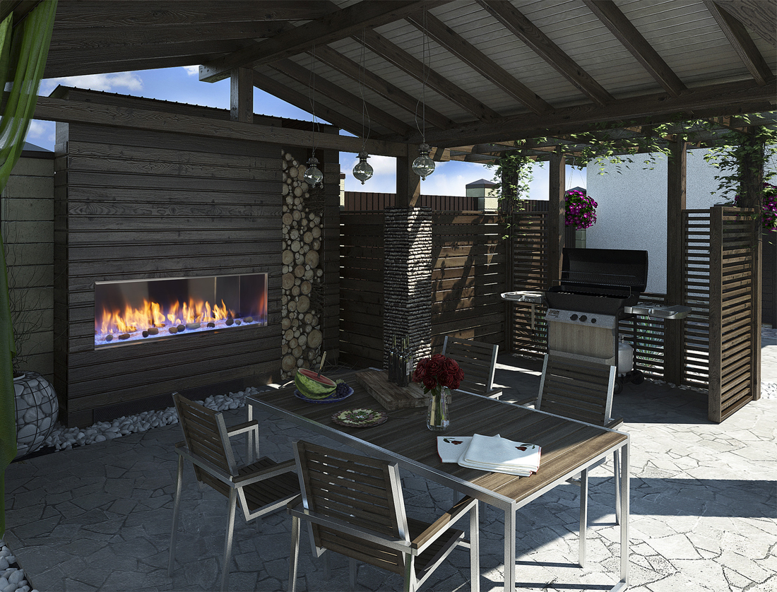 Outdoor Lifestyles Lanai 48 linear gas fireplace by Majestic shown in a dark covered patio with blue LED lights and optional stone kit