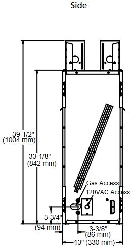 Lanai 48" see-through gas outdoor fireplace drawing showing side view with dimensions