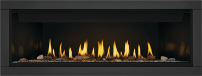 Ascent BL56 straight on with glass embers, shore fire kit, porcelain reflective panels, classic black surround