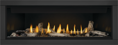 Ascent BL56 straight on with shore fire kit, beach fire kit (driftwood logs), porcelain reflective panels, classic black surround