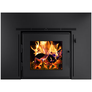 Black fireplace insert with black surround with wood fire visible through glass in door