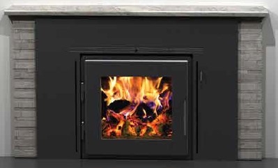 Black wood burning fireplace insert with black surround with yellow-orange flames from fire showing through viewing glass