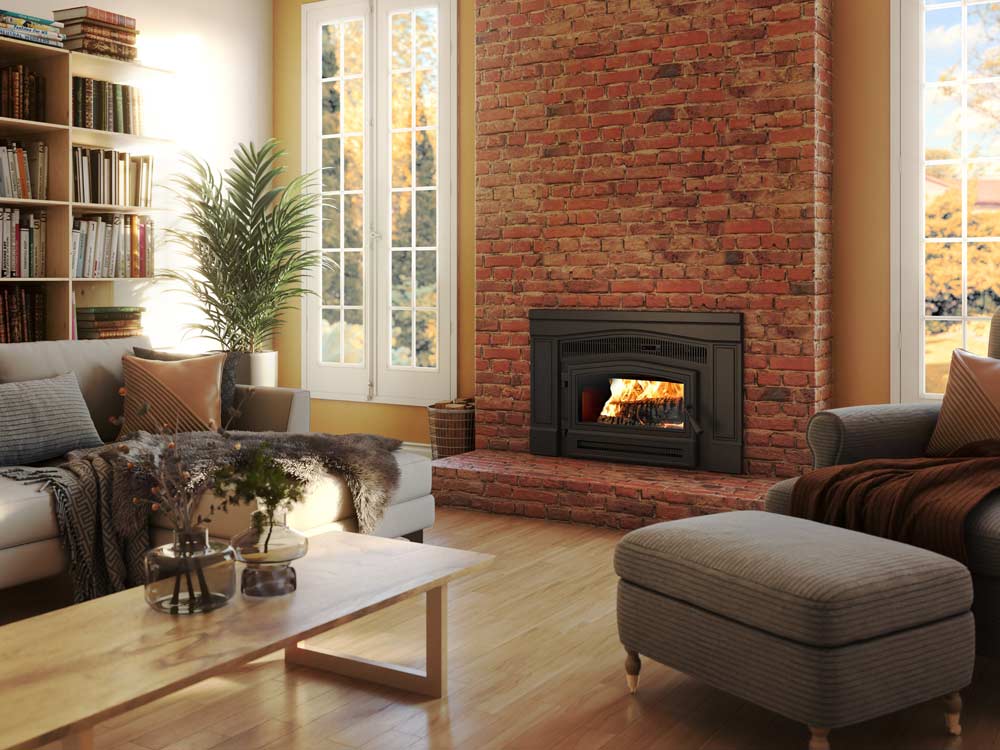 Osburn Matrix 1900 wood insert in living room red brick fireplace