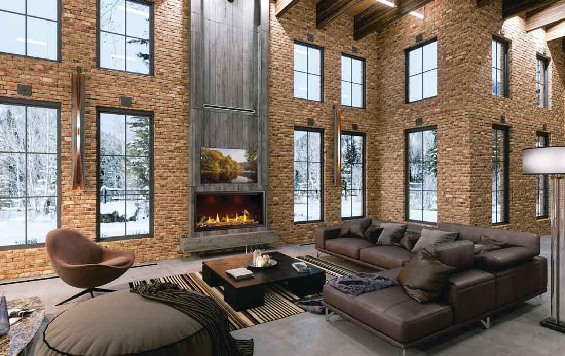 Napoleon Tall Vector Linear 50 gas fireplace in spacious brick multi-story living room.