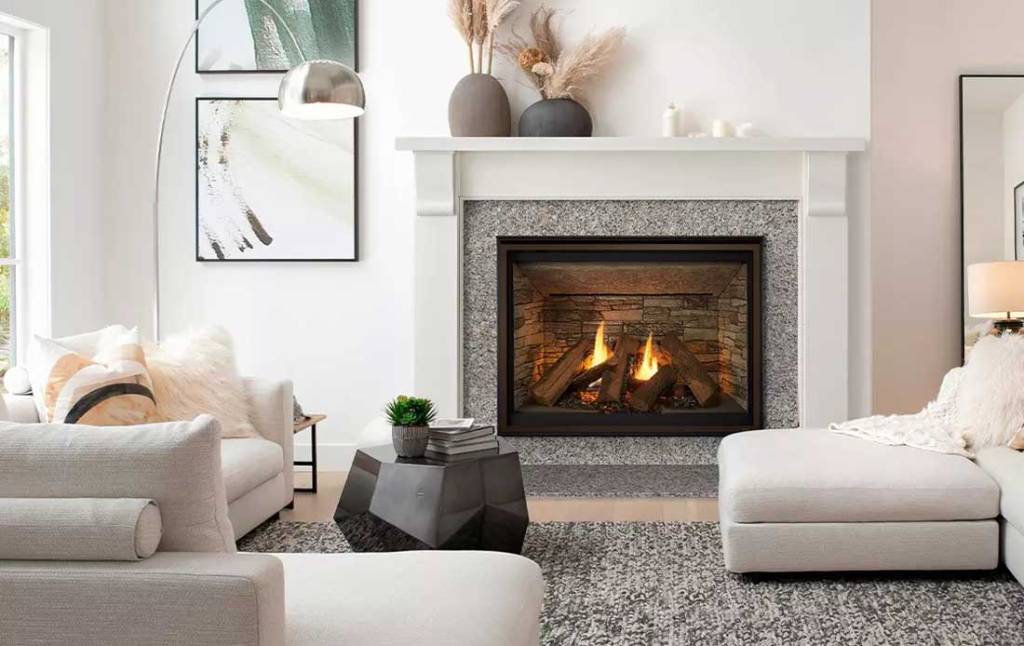 Majestic Meridian Platinum gas fireplace in contemporary living room.