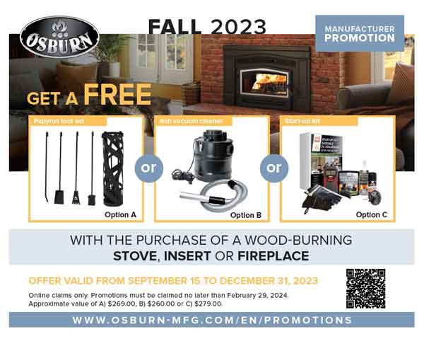 Osburn fall 2023 promotion. Receive a free tool set, ash vacuum cleaner, or start-up kit with purchase of wood-burning stove, insert, or fireplace. Click for details.