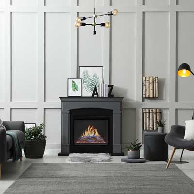 Modern Flames traditional electric fireplace installed in a dark gray mantel surround