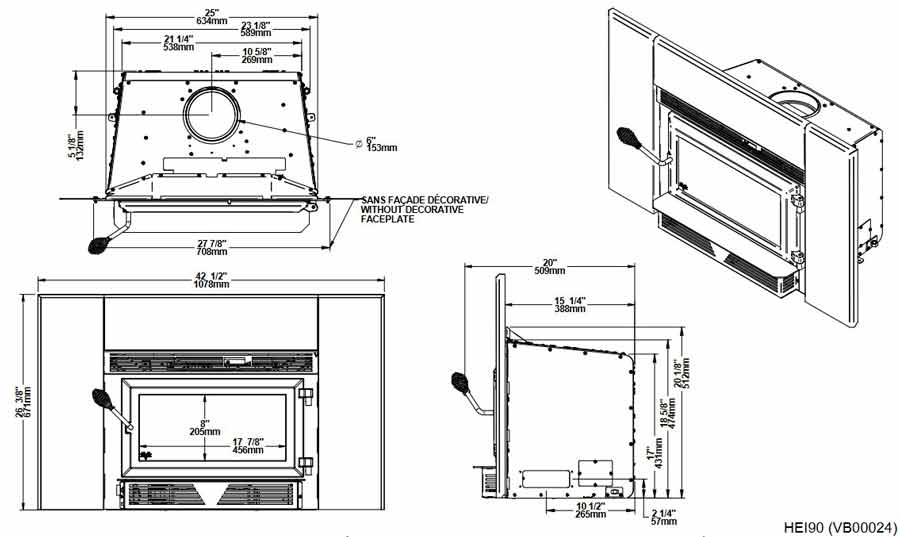 Ventis HEI90 wood fireplace insert dimension diagrams