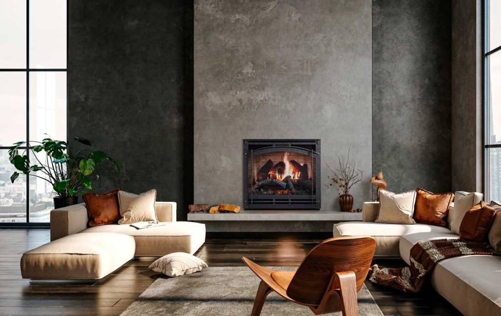 SimpliFire Inception electric fireplace with Chateau forged front installed on grey concrete like wall of modern loft living room