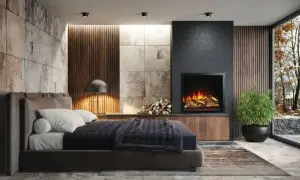 Napoleon Elevation 36 electric fireplace shown in ultra modern bedroom with dark brown, black walls and bedding along with marble look tiles.