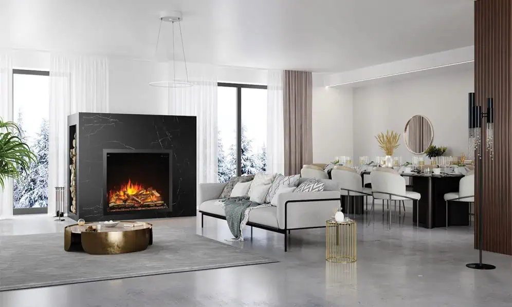 Napoleon Elevation 42 electric fireplace shown in modern white great room set in a black marble surround, snow on trees through windows.