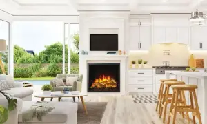 Napoleon Elevation 36 electric fireplace at end of white kitchen space with living room seating to left and large window to backyard pool and greenery