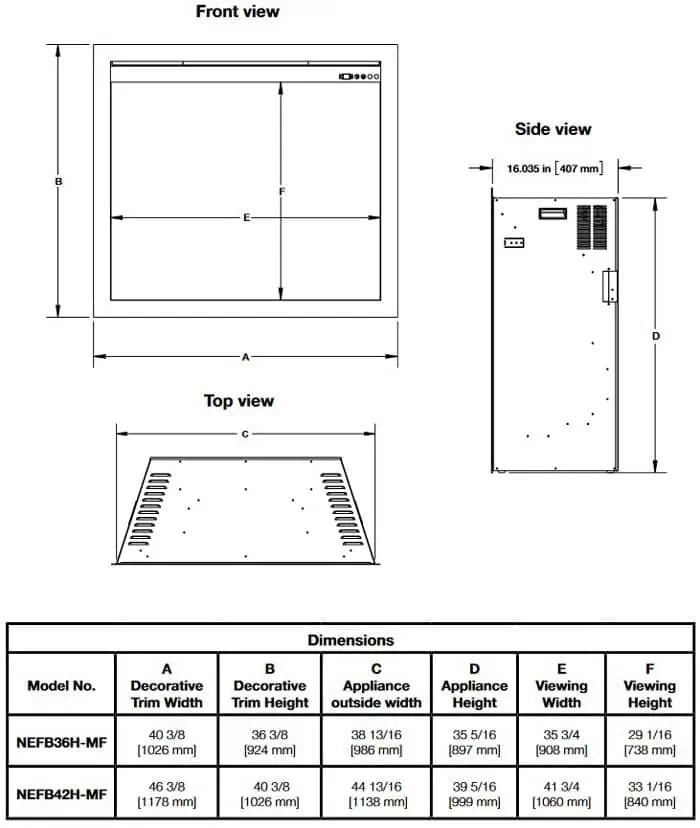 Napoleon Elevation electric fireplace dimensions diagram