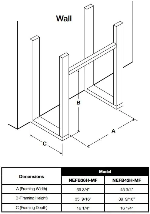 Napoleon Elevation electric fireplace framing diagram