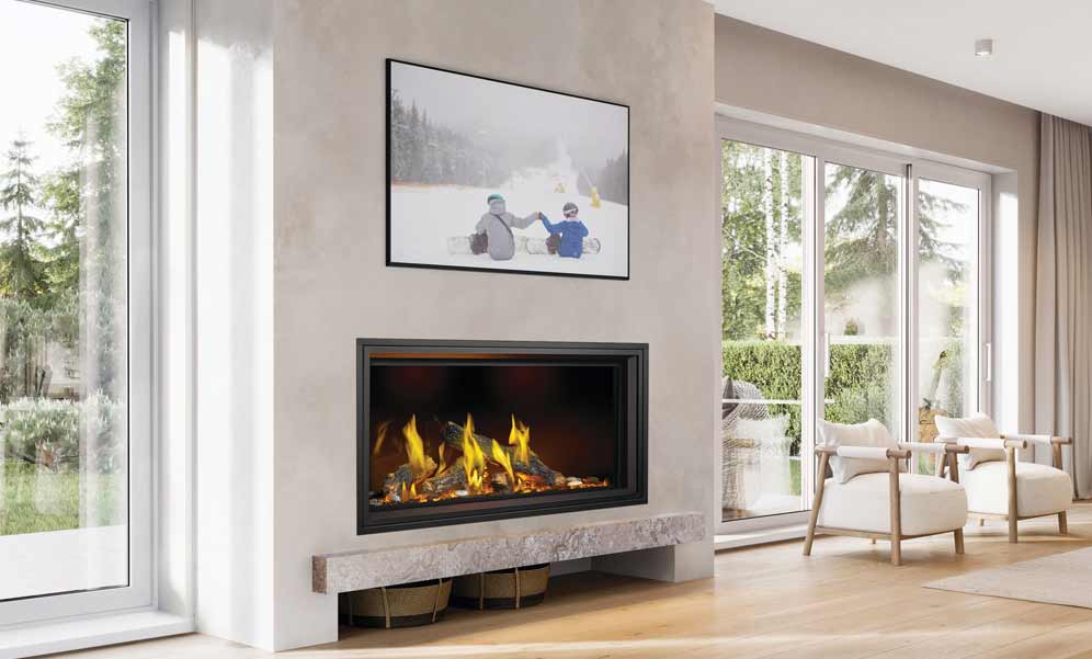 Napoleon Tall Vector gas fireplace with Luminous Logs burning on light taupe wall with television above, floor to ceiling windows both sides, light wood floor